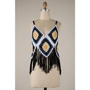 B2507 WB Miracle Crochet Diamond Patchwork Tank Top Camisole White Black Var Sz